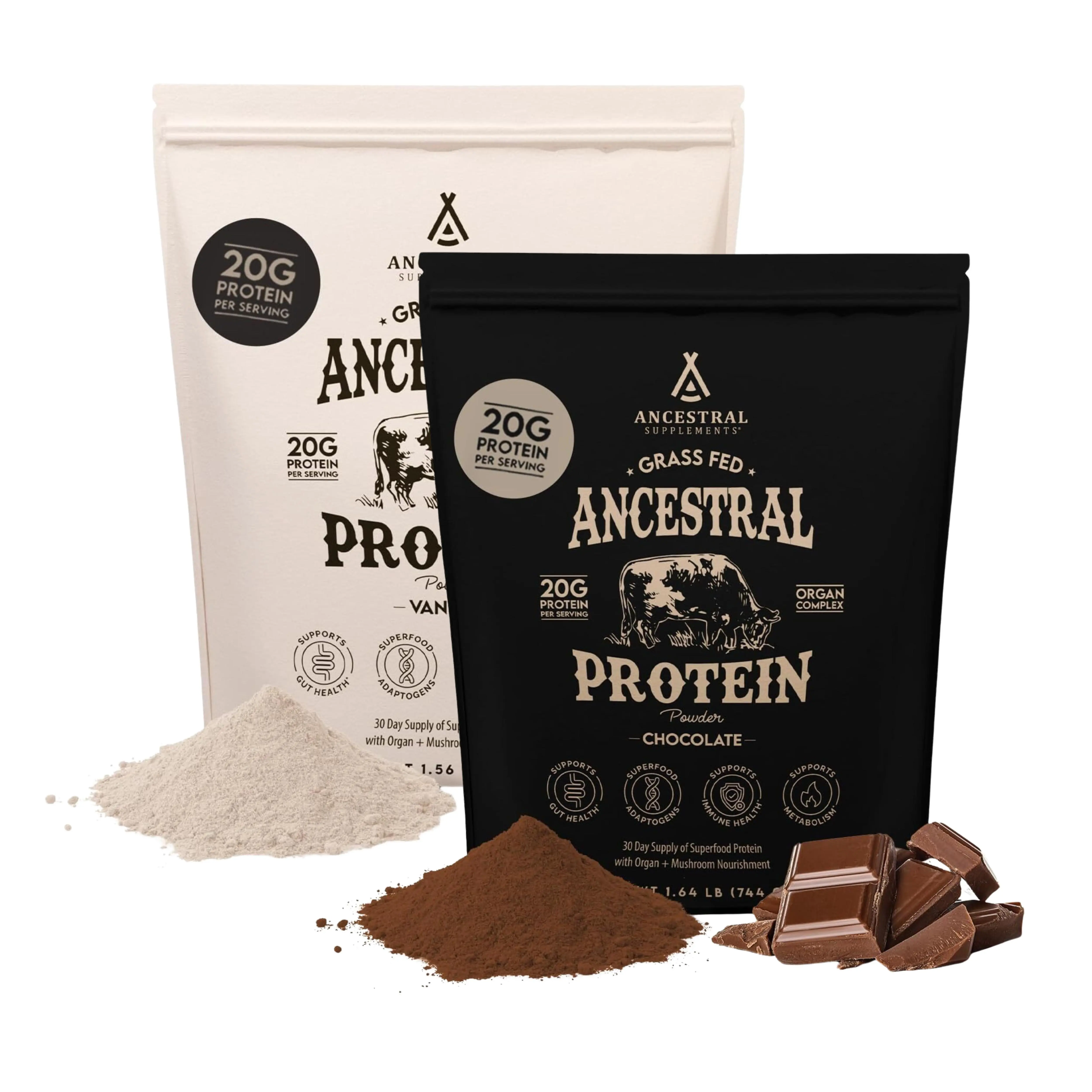 Ancestral Supplements Vanilla Protein Powder, Grass Fed Dietary Supplement Drink Mix with 20g Protein, Vitamins & Minerals, 30 Day Supply