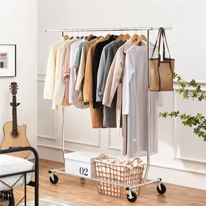 Yaheetech Adjustable Clothes Organizer on Wheels Freestanding Single Rail Garment Rack for Bedroom Cloakroom Commercial Use with Lockable Swivel Wheels & Extra Storage - Laundry
