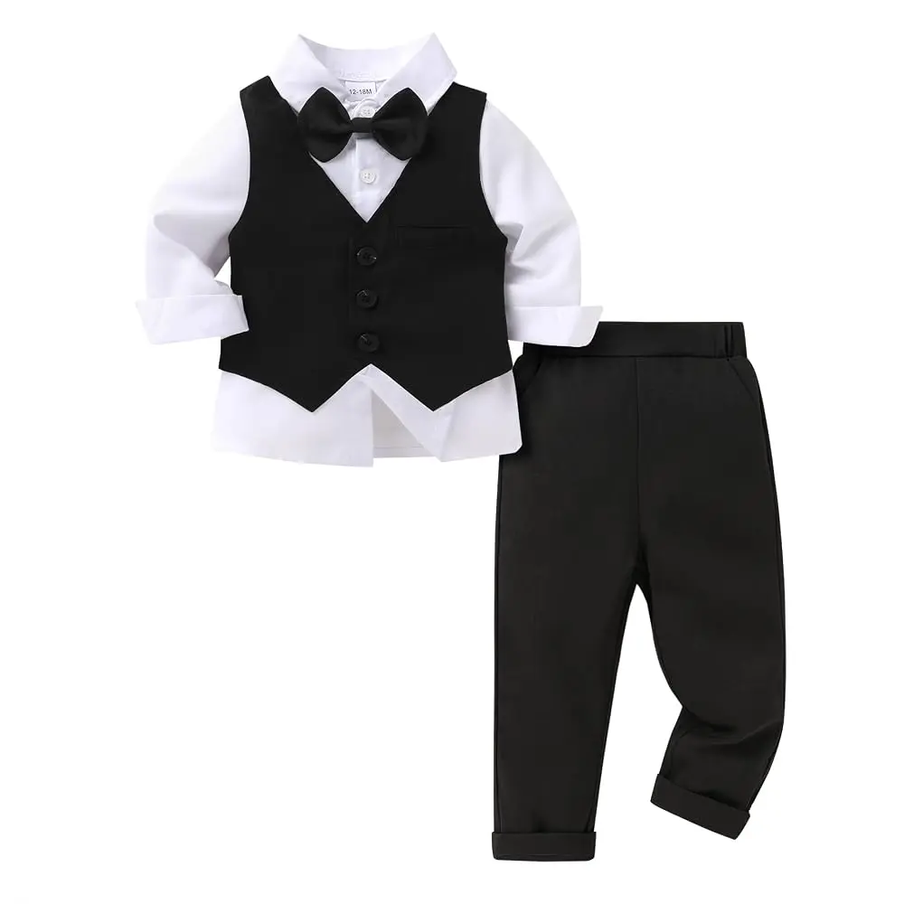 YOUNGER TREE Toddler Boys' 4-Piece Gentleman Suit, Long Sleeve Polyester Blend Blazer Set with Bow Tie, All Seasons Formal Wedding Outfits, Formal Wear,back to school, Set Pack