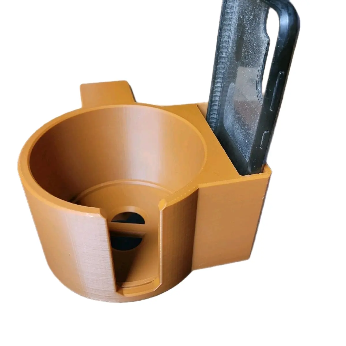 3D Printed Cup Holder with Adaptable Size - Universal Fit, Cell Phone Slot, Small Accessories Compartment, Removable Screw Mount, Holds Any Mug/Tumbler, Mountable for Desk/Work Bench