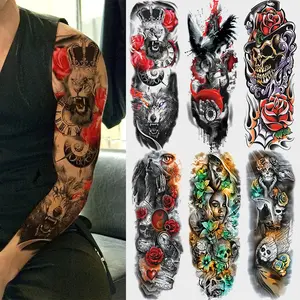 6-Piece Temporary Tattoo Set, Realistic Skull Lion Wolf Rose Fantasy Designs, Waterproof Body Art Stickers for Men Women