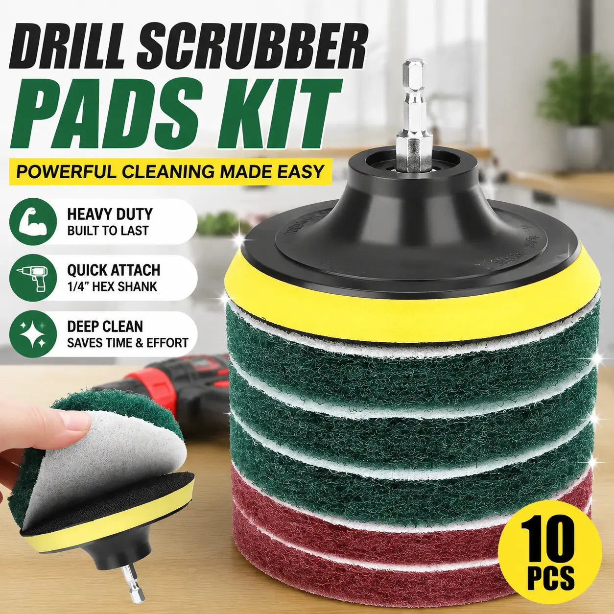 8PCS Drill Scrubber Pads Kit, Drill Compatible Power Brush with 1/4" Hex Shank Hook Loop Pad for Tile & Tubs, Kitchen Cleaning