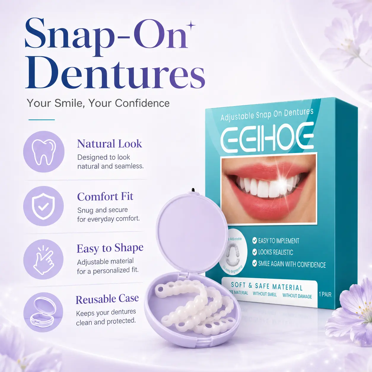 Custom Fit Full Denture Veneer Set for Adults - Daily Oral Natural-Looking Snap-On Teeth Cover, Reusable Whitening, Comfortable Removable Full Upper & Lower Teeth Replacement Solution
