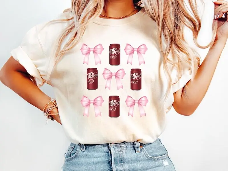 Unisex Classic Fit T-Shirt with Dr Pepper Coquette Graphic, Preppy 100% Cotton Crew Neck Top with Tear-Away Label