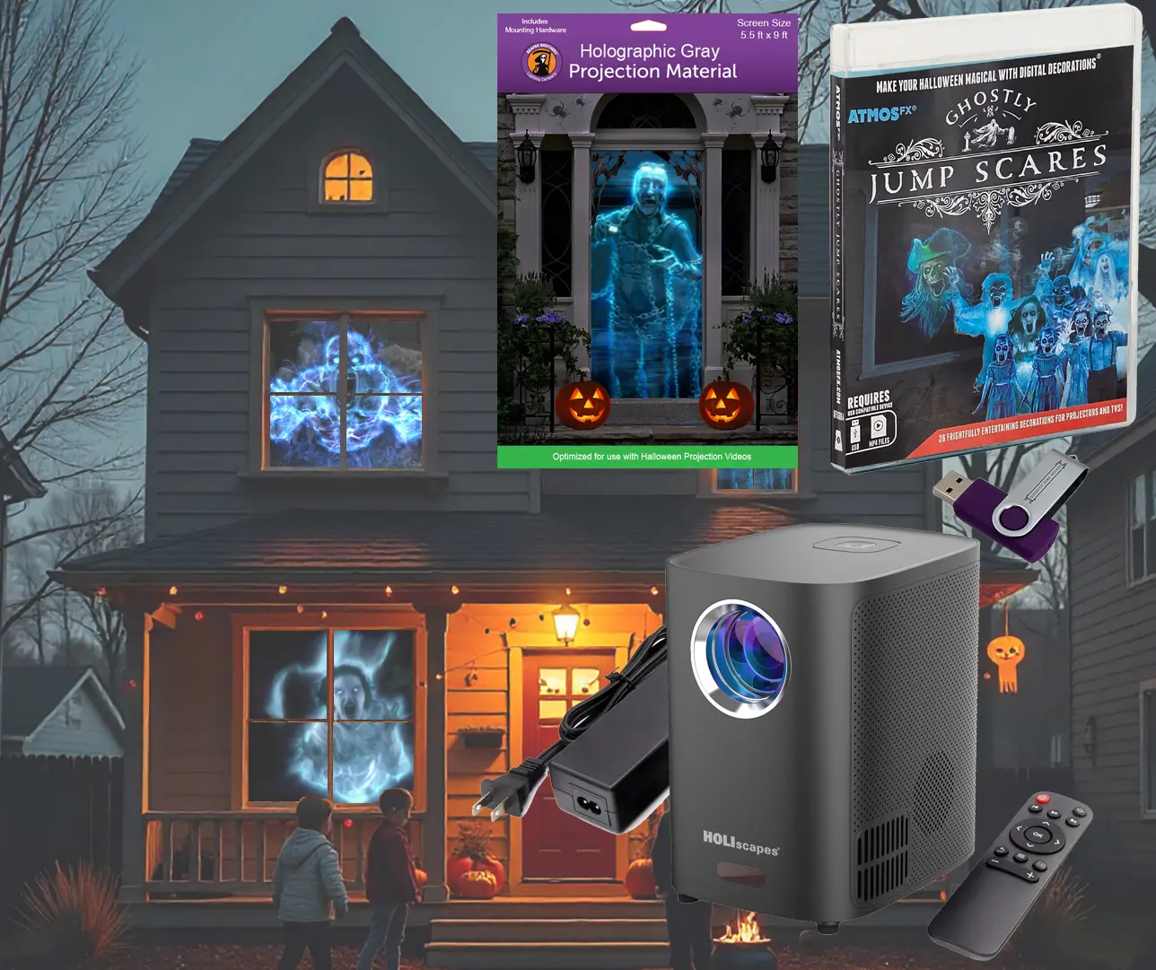 HoliScapes USB Projector Kit - AtmosFx Ghostly Jump Scares USB + Projector + 5.5' x 9' Large Gray Holographic Screen for Halloween Projection