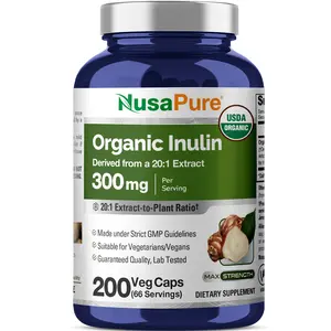 NusaPure Organic Inulin Powder 20:1 Extract Dietary Fiber Capsules, 300 mg, 200 Veg Capsules - USDA Organic, Non-GMO Nutrition Vitamins Supplements for Vegetarians