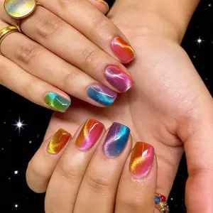 24pcs Short Square Rainbow Cat Eye Press-On Nails, Y2K Style Gradient Fake Nails, Summer Party DIY Nail Art Kit with Jelly Glue and File