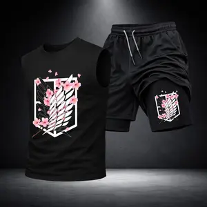 Men’s Black Workout Set Sleeveless Tank Top & Sports Shorts 2-Piece Gym Outfit