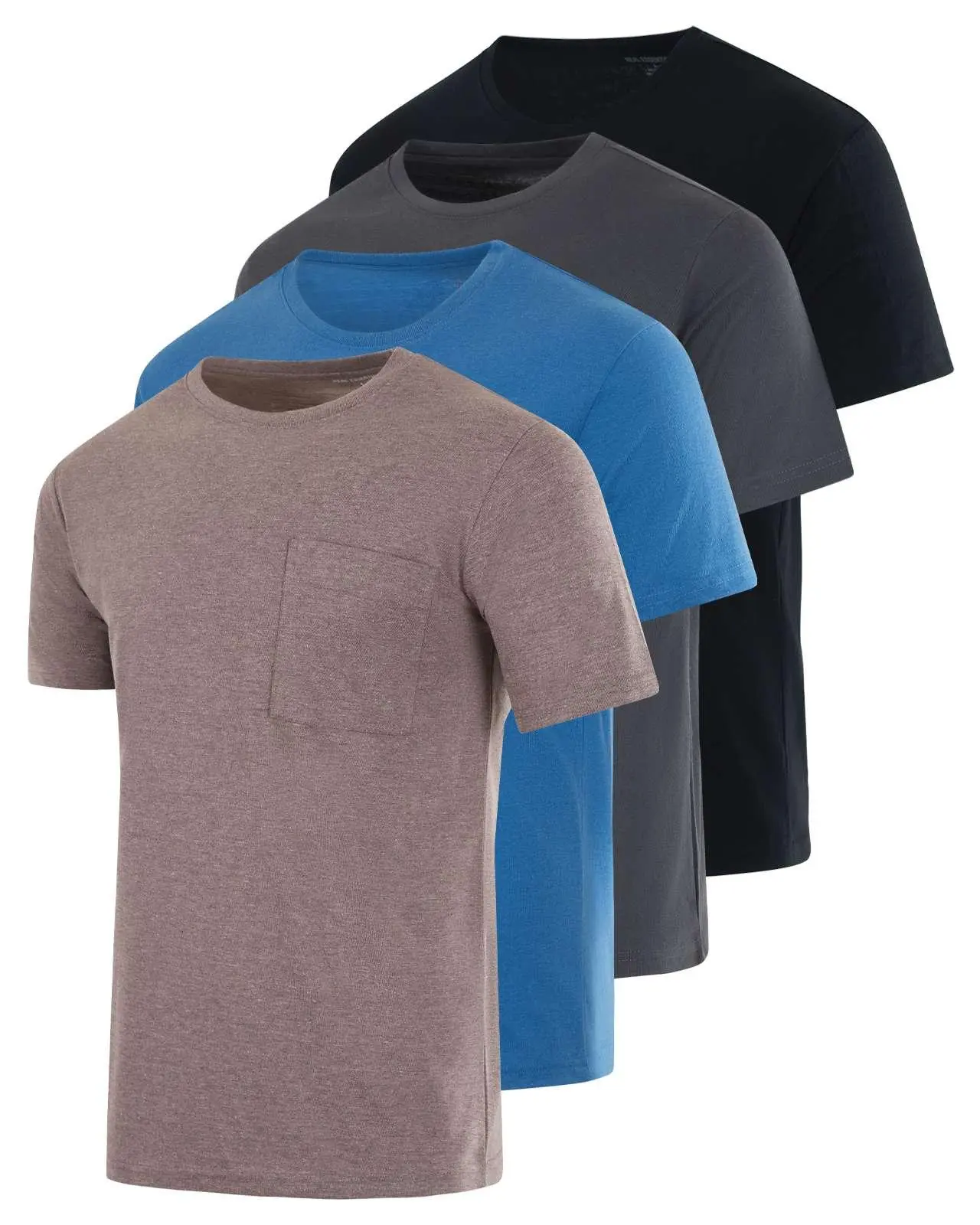 Real Essentials 4 Pack: Men's Cotton Performance Short Sleeve Crew Neck Pocket T-Shirt Athletic Top (Available in Big & Tall)
