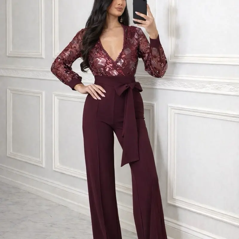 Women's Luxury Sequin Flower Print Jumpsuit - Chic Style, High-Waisted Wide-Leg Pants, Long Sleeves, Stretchy Fabric, Mesh Accents, Belt, Zipper Closure (V11-259)