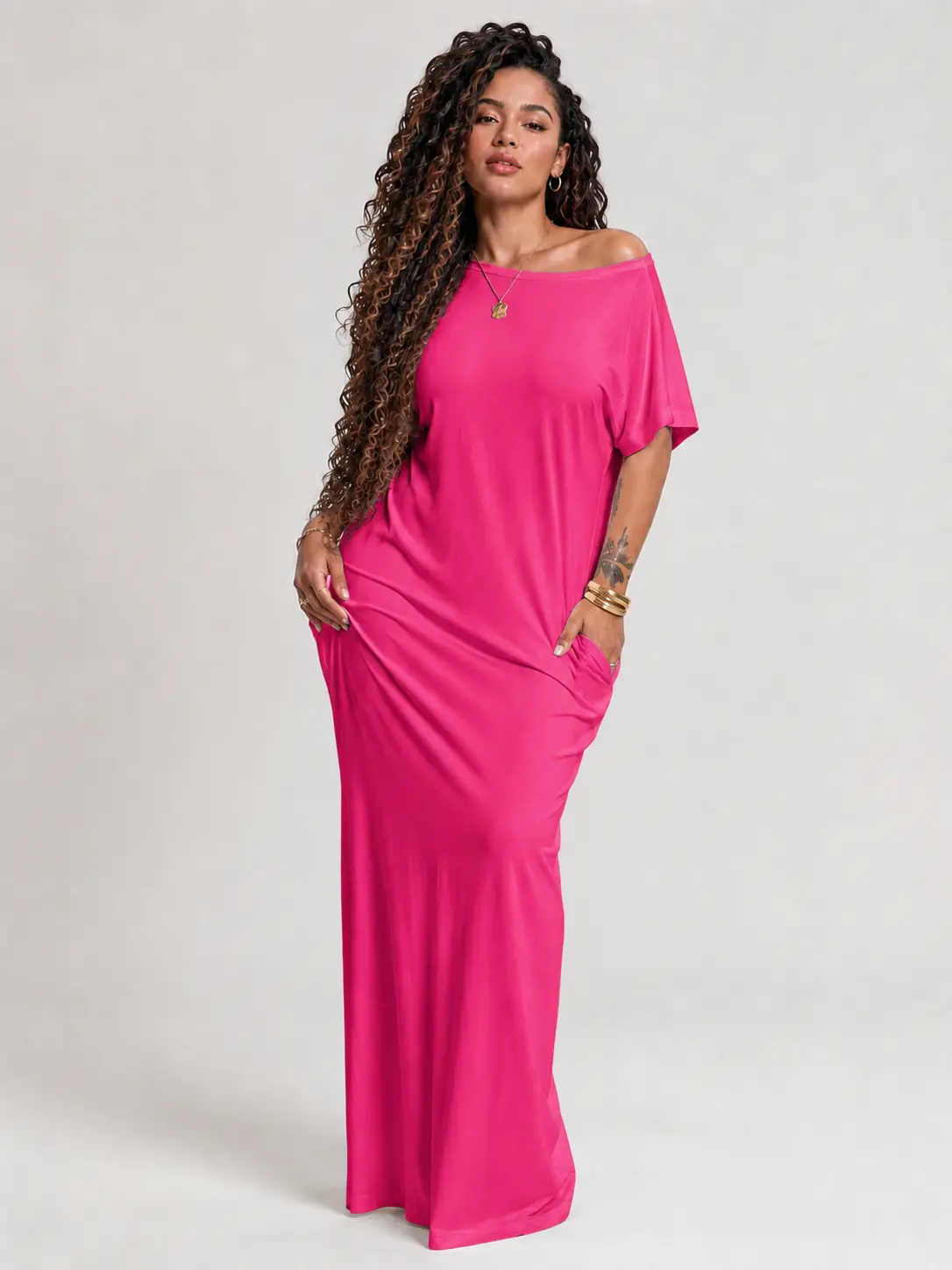 Sculpt Touch Women’s Oversized Batwing Sleeve Maxi Lounge Dress Casual Loose Fit Short Sleeve Long Sleep Dress with Pockets Plus Size
