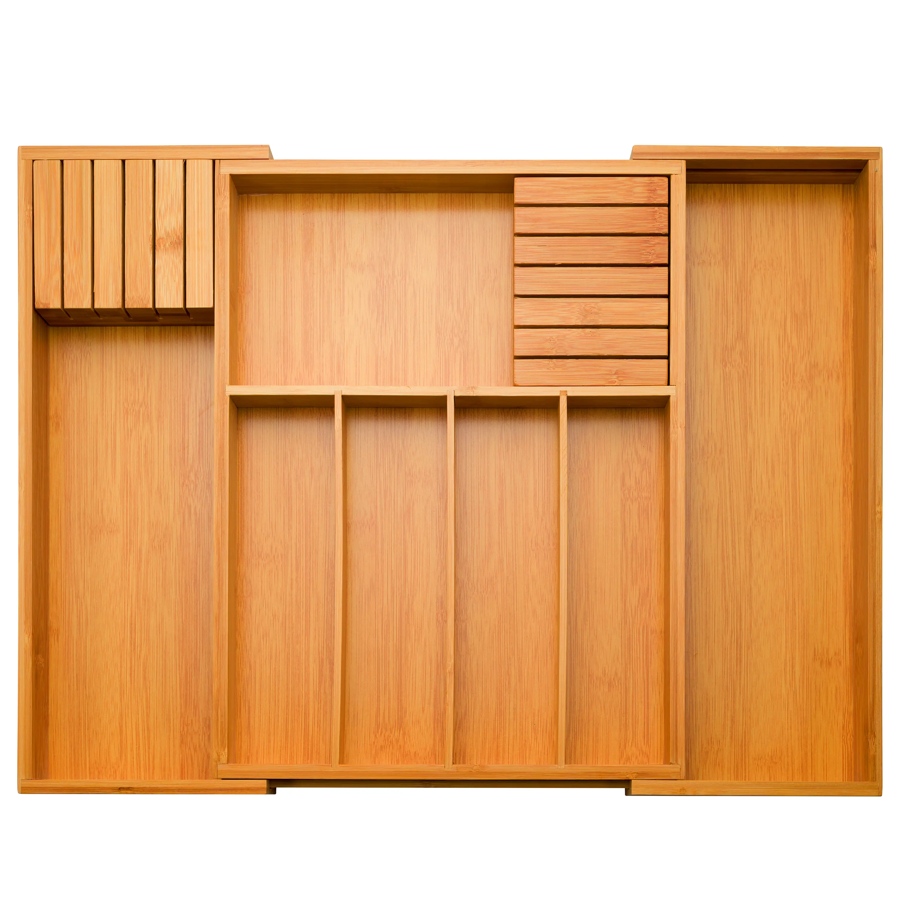Expandable Bamboo Drawer and Knife Organizer - Adjustable Silverware and Utensil Storage Tray with Removable Knife Blocks Perfect for Kitchen Drawers – Durable, Eco-Friendly & Water-Resistant For Daily Use