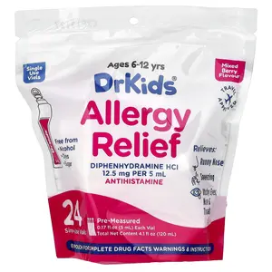 DrKids Allergy Relief, Ages 6-12 Yrs, Mixed Berry, 24 Single-Use Vials, 0.17 fl oz (5 ml) Each