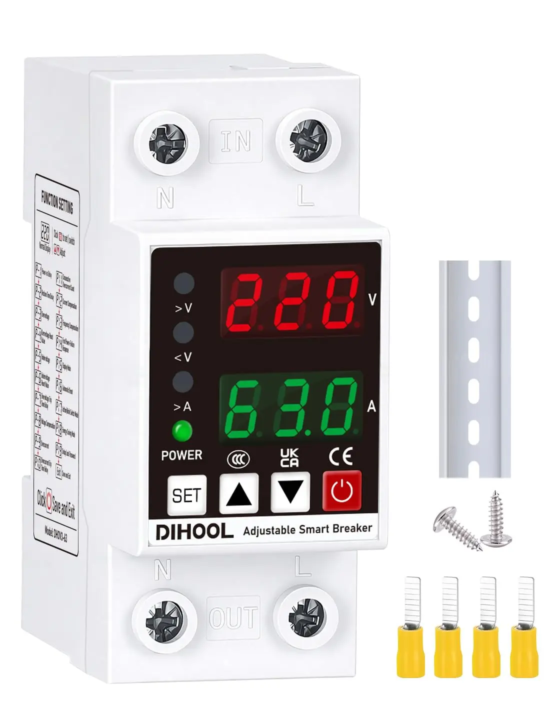Smart Circuit Breaker with Adjustable Voltage Protection, 70-200V Low and 140-300V High Cutoff, 1-63A Overcurrent Protector, AC Disconnect Switch, DIN Rail Mount