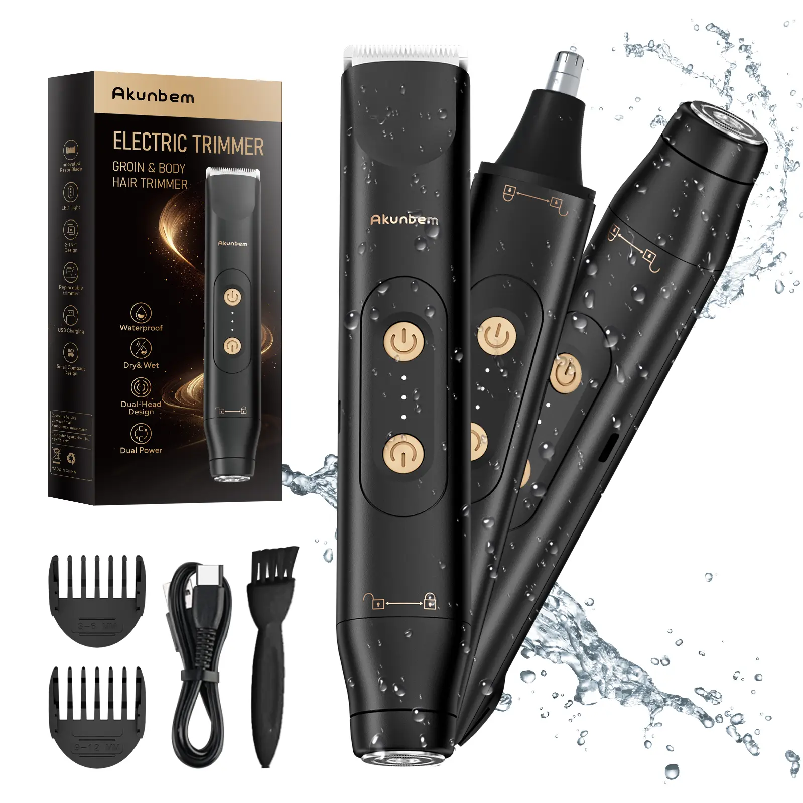 Akunbem Electric Groin Hair Trimmer for Men,Nose Hair Trimmer, Dual Heads Waterproof Ball Pubic Shaver for Male and Female, Replaceable Ceramic Blade Heads，Wet/Dry Body Razor, Christmas and Halloween & Husband Gift for Birthday