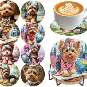 8 pieces/set of diamond painted coaster set with animal dog pattern coaster (with holder) - DIY diamond art craft kit for home decoration beginners, diamond craft supplies, artificial diamond art craft supplies gifts