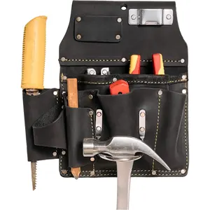 Leather Drywaller's Tool Pouch - 10-in-1 Heavy Top Grain Leather Drywall Pouch with Steel Hammer Loop & Tape Measure Clip - Leather Tool Pouch Fits Belts up to 3" - Handcrafted