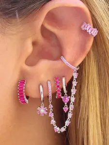 6Pcs Lovely 24K Gold Plated Cubic Zirconia Chain Earrings Set For Women Pink Zircon Chain Hoop Earrings Pack Flower Drop Dangle Earrings Stack Fashion Jewelry Gift
