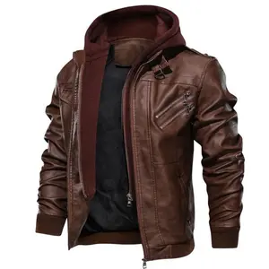 Men's Genuine Leather Motorcycle Jacket with Removable Cotton Hood, a Breathable Wind Resistant Casual Biker Coat with Pockets