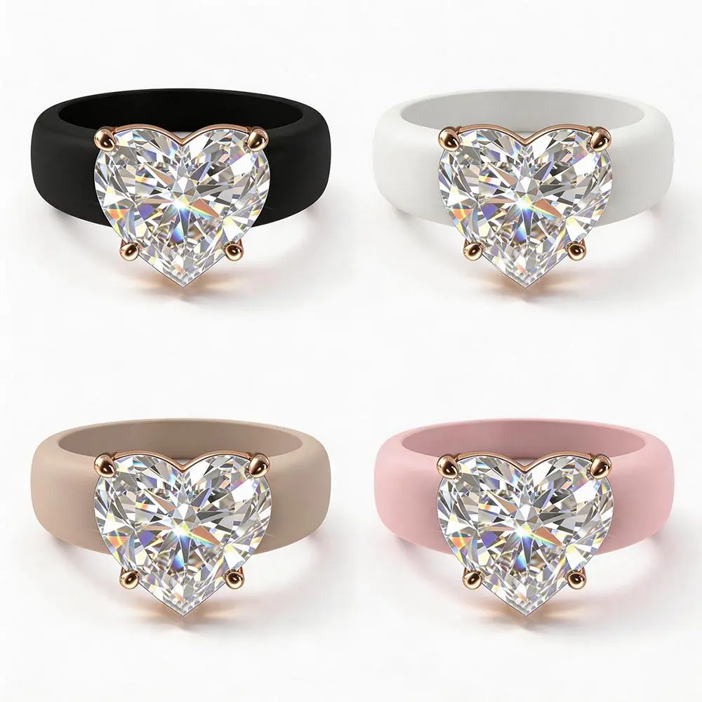 1pc women's heart-shaped diamond silicone ring, 4-color rose gold plated heart-shaped single diamond ring, silicone wedding ring