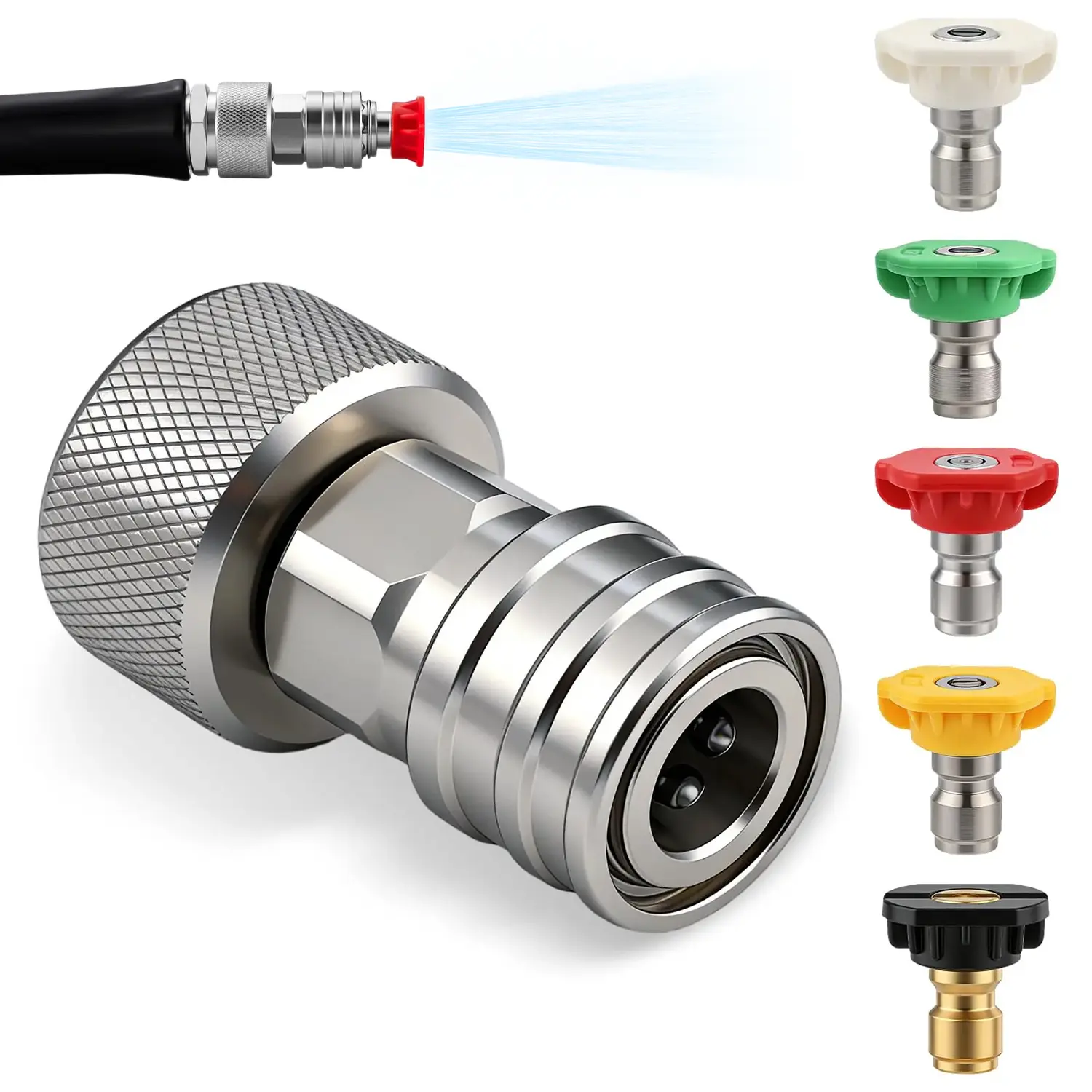 Garden Hose Shut Off Valve to Mini Power Washer Adapter Set,5 Multiple Degrees Pressure  Nozzle,3/4" GHT to 1/4" Quick Connect, for Car Wash or Garden,Car Washing Nozzle & Hose Attachment