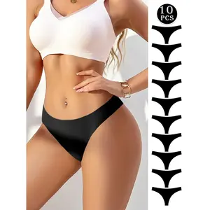 Women's 10Pcs Black Solid Color Thong Underwear Soft Comfortable Breathable Seamless for Daily Wear All Seasons Panty