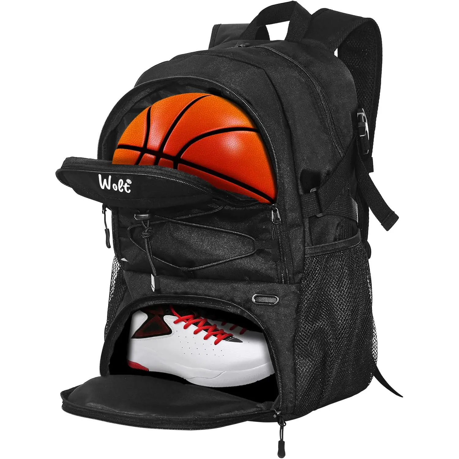 Wolt Adult Large Basketball Gym Backpack, Waterproof Oxford Fabric Bag with Contoured Shape, Padded Straps, Ventilation Hole, Detachable Vented Shoe Compartment, Separate Ball Holder & Extensible Cord for Caps, Adults, Gym Sessions, Water Resistant, Spaci