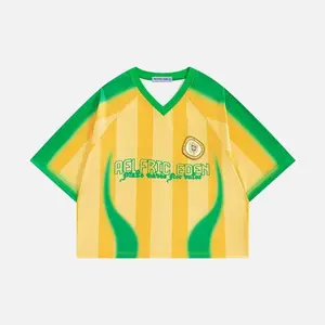 Aelfric Eden Boxy Gradient Stripe Football Jersey V-neck Raglan Sleeve Gradient Stripe Print  Retro Sporty Streetwear Unisex Top Athletic Workout Tops