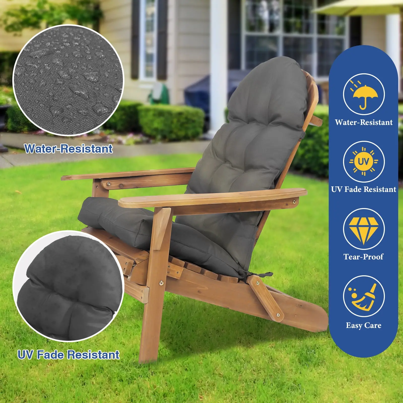 43"x20" Dark Gray Adirondack Chair Cushion - UV-Treated Fabric, Fast Drying, Sponge Wash with Soap and Water, for Outdoor Furniture Use, Outdoor Cushions For Chairs, Deck Chair Cushion