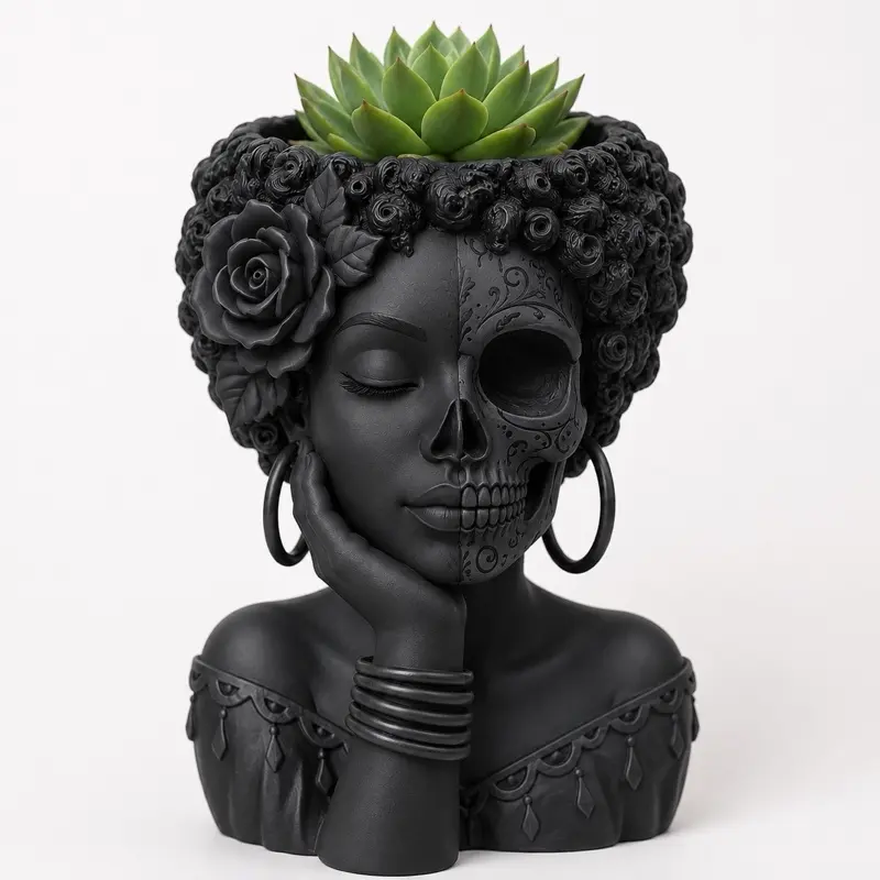 6-Inch Matte Black Afro Latina Day of the Dead Planter