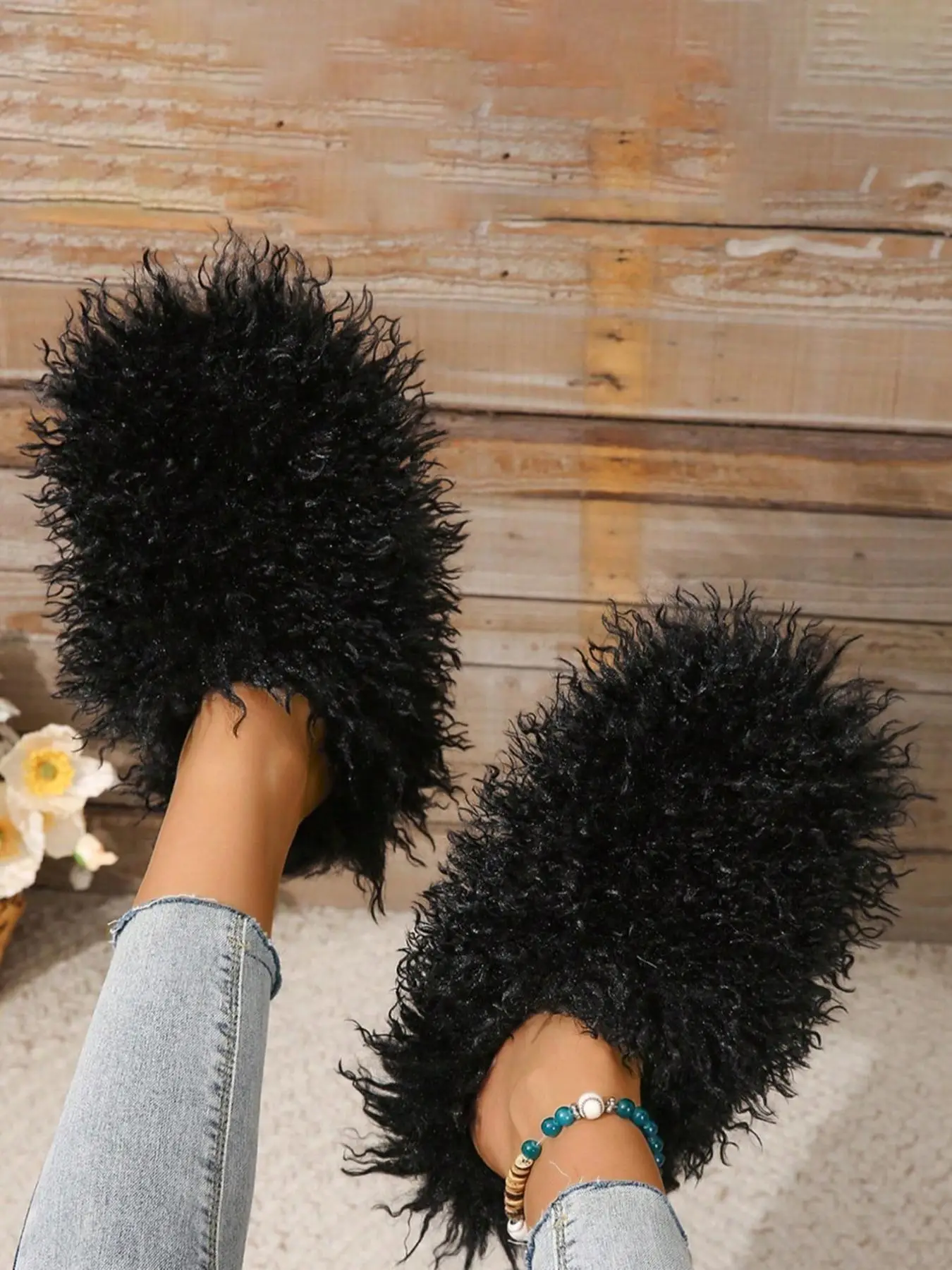 Women's Comfort Minimalist Plain Color Fluffy House Slippers, Fur Slippers, Fuzzy Plush Slippers House Shoes for Women, Fashionable Soft Winter Shoes