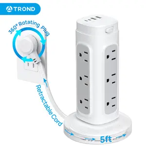 TROND Retractable Power Strip Tower - 5ft Flat Plug Extension Cord with Multiple Outlets, Surge Protector with USB C Ports PD 20W, 1700J Protection Cable Connection