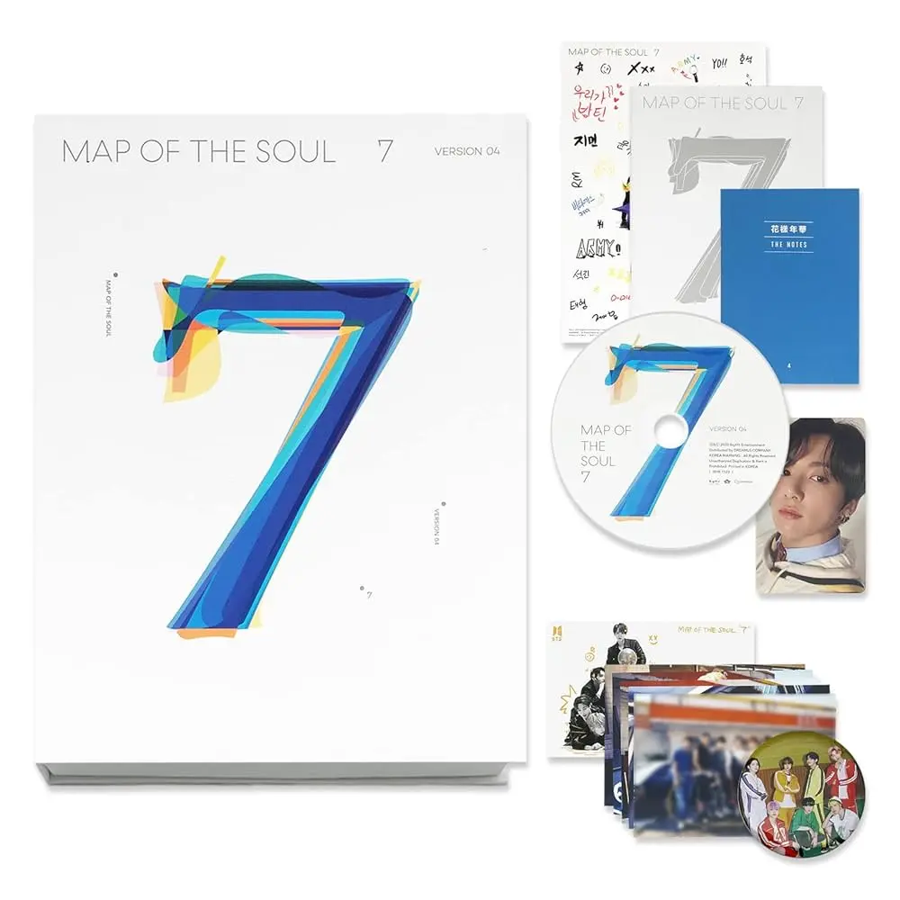 BTS – MAP OF THE SOUL : 7 [Official K-Pop Album, 4 Versions] CD Photobook Set, Lyric Book, Photocard, Postcard, Sticker, Coloring Paper – Korean Pop Music