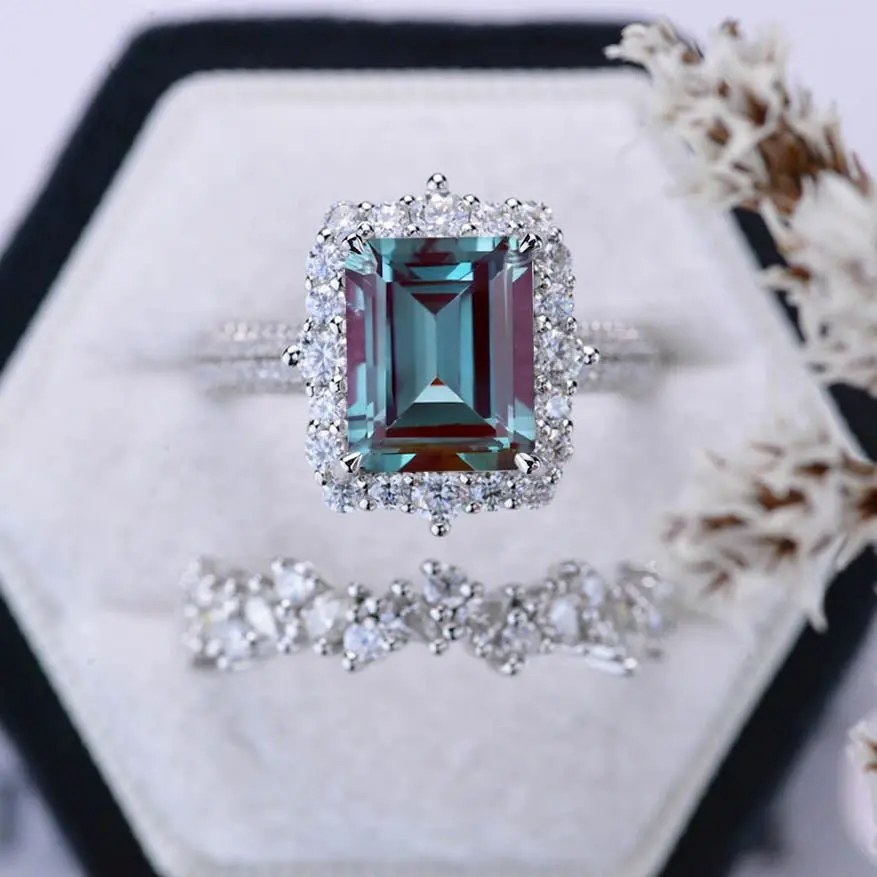 4Ct Alexandrite Engagement Ring Halo Emerald Cut Alexandrite Engagement Ring, 10x8mm Step Cut Alexandrite Engagement Ring with Eternity Band