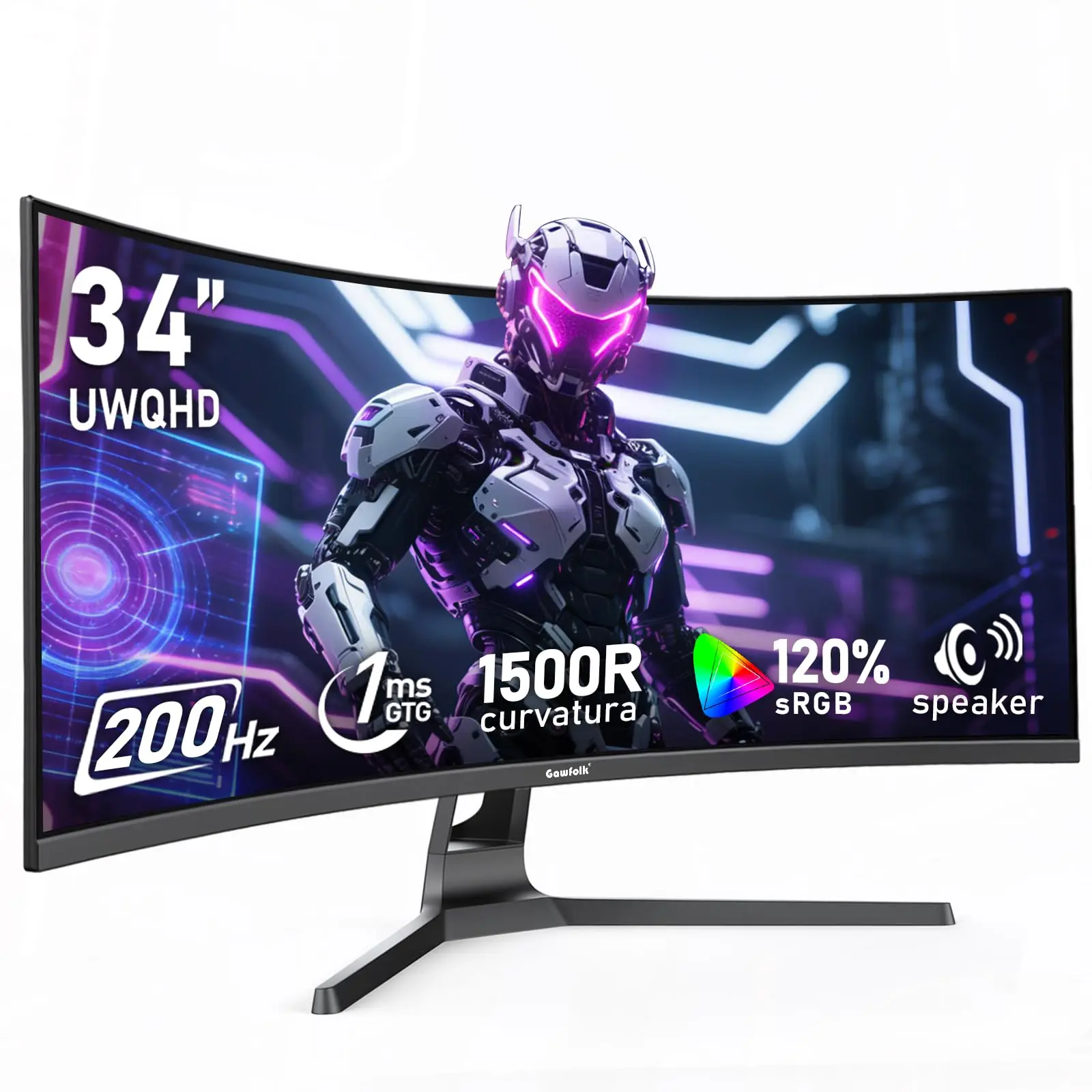 Gawfolk 34" 21:9 VA Ultrawide Curved Gaming Monitor, UWQHD 3440x1440 200Hz 1ms, 1500R Immersive Curve, 120% sRGB, Low Blue Light, FreeSync, Built-in Speakers, HDMI & DP, 100x100 VESA Wall Mount