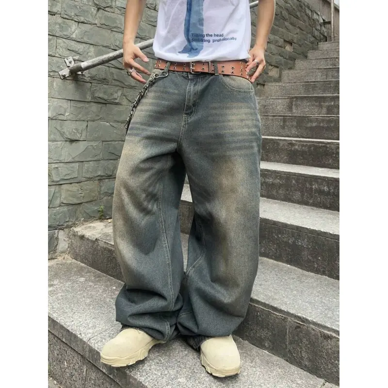 Washed Loose Wide-Leg Jeans For Men, Casual Trousers With Contrast Pockets, Soft Comfort Denim Ideal For Spring And Summer Daily Outdoor Wear