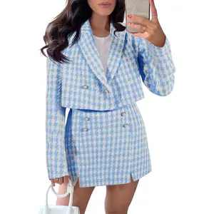 Lannew Womens Cropped Tweed Blazer Sets 2 Piece Outfits and Mini Skirt Sets Business Casual Suits