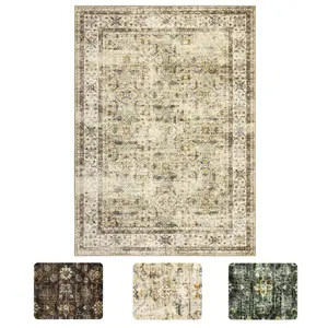 【Christmas Gift】5 x 7 ft Polyester Cashmere Imitation Beige Brown Rectangular Hallway Bathroom Entryway Kitchen Office Foldable Flower Printed Persian Washable Area Rug