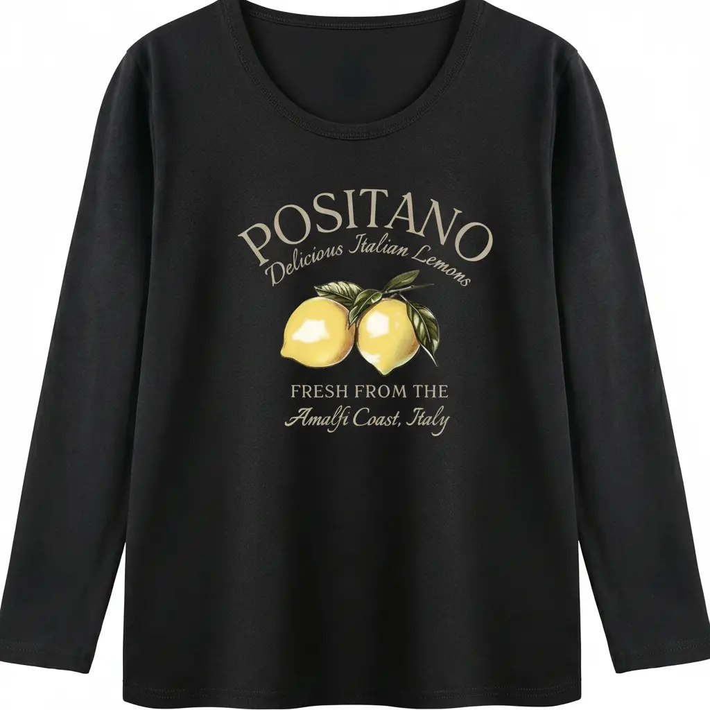 Women's long-sleeved T-shirt, featuring delicious exotic lemons from Positano. Amalfi Coast soft crew neck casual top, loose and comfortable basic style, an autumn fashion must-have, a versatile street style item.