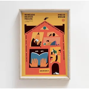 PUBLIC LIBRARY original polish poster, books, literature, reading, readership, learning, education, study, print, illustration