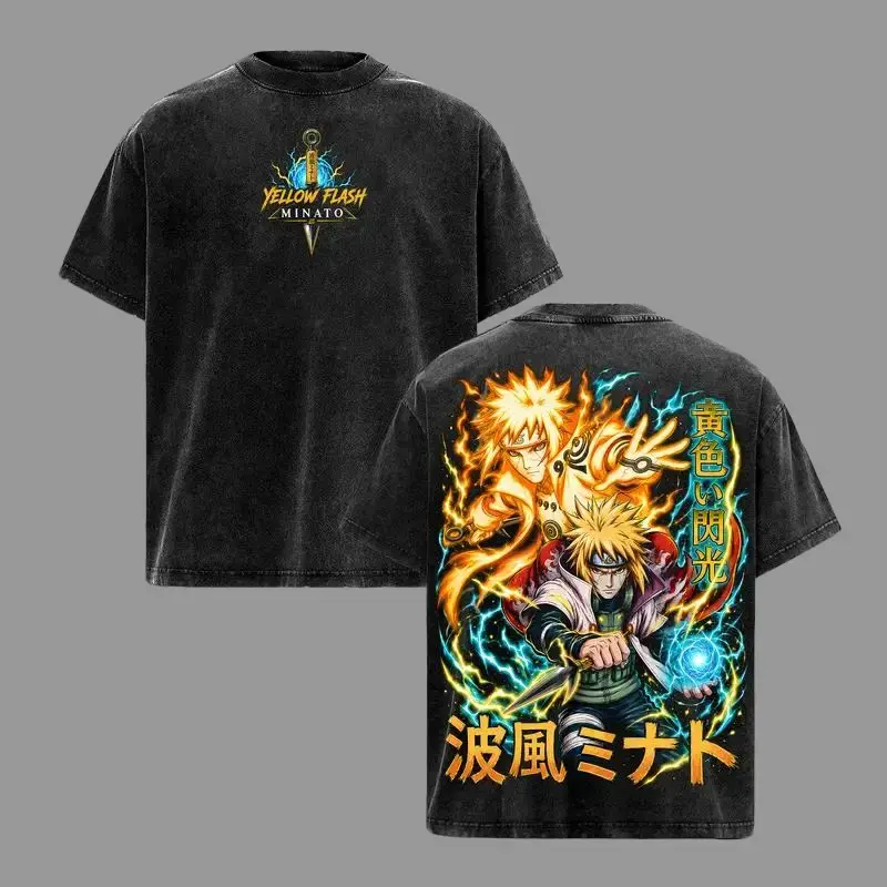 Menswear Short-Sleeve Top - Fourth Hokage Minato Yellow Flash Naruto Anime Graphic Tee, Heavyweight Cotton Vintage Washed Acid Wash Unisex Oversized Ninja Rasengan Manga Streetwear T-Shirt