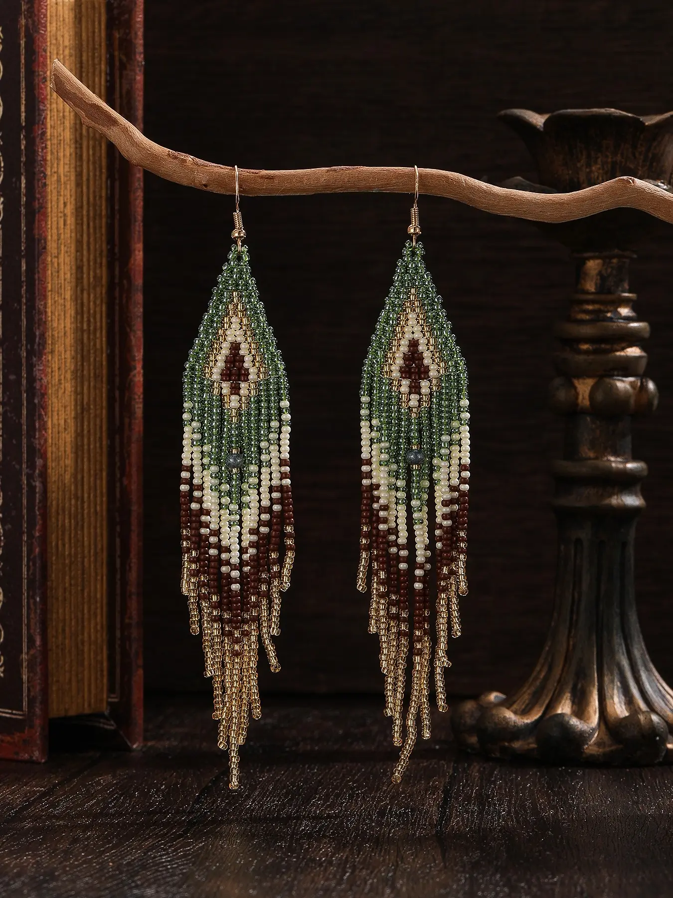Fringed beaded Drop earrings, Bohemian earrings, Ladies' long fringed earrings, Retro style, Vintage statement earrings, Rhombus geometry, Green gradient from beige to brown fringes, Hand-woven beaded, Suitable for daily and casual outfits, gift choice