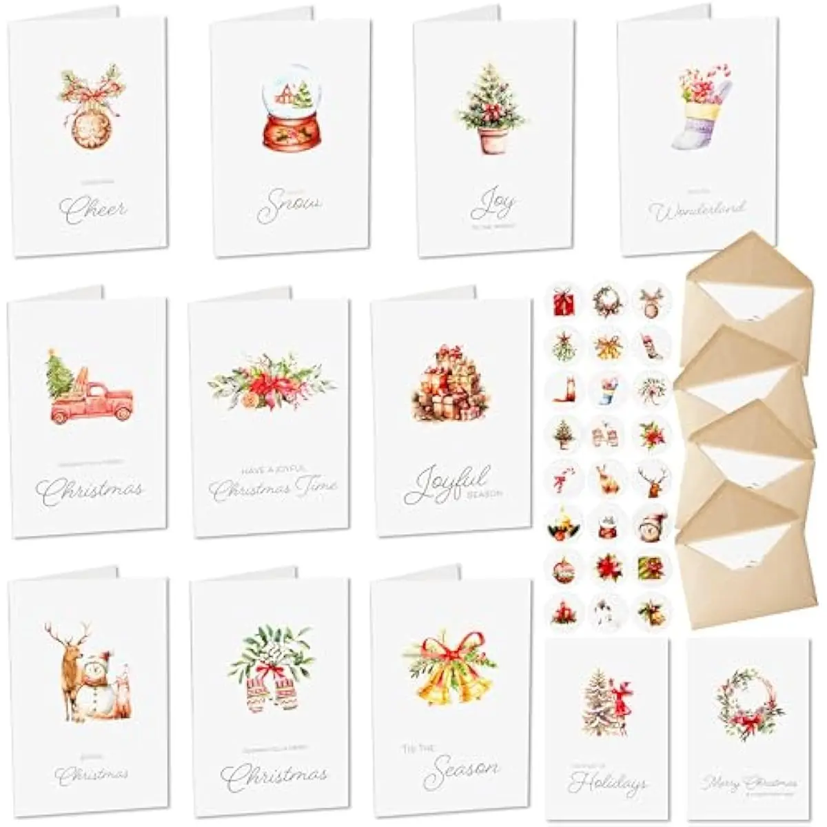24 PCS Christmas Cards with Envelopes and Stickers, 12 White Different Designs Simplicity Bulk Xmas Greeting Cards 4" x 6" Inches for Wintertime Season, present Giving to Friends and Family