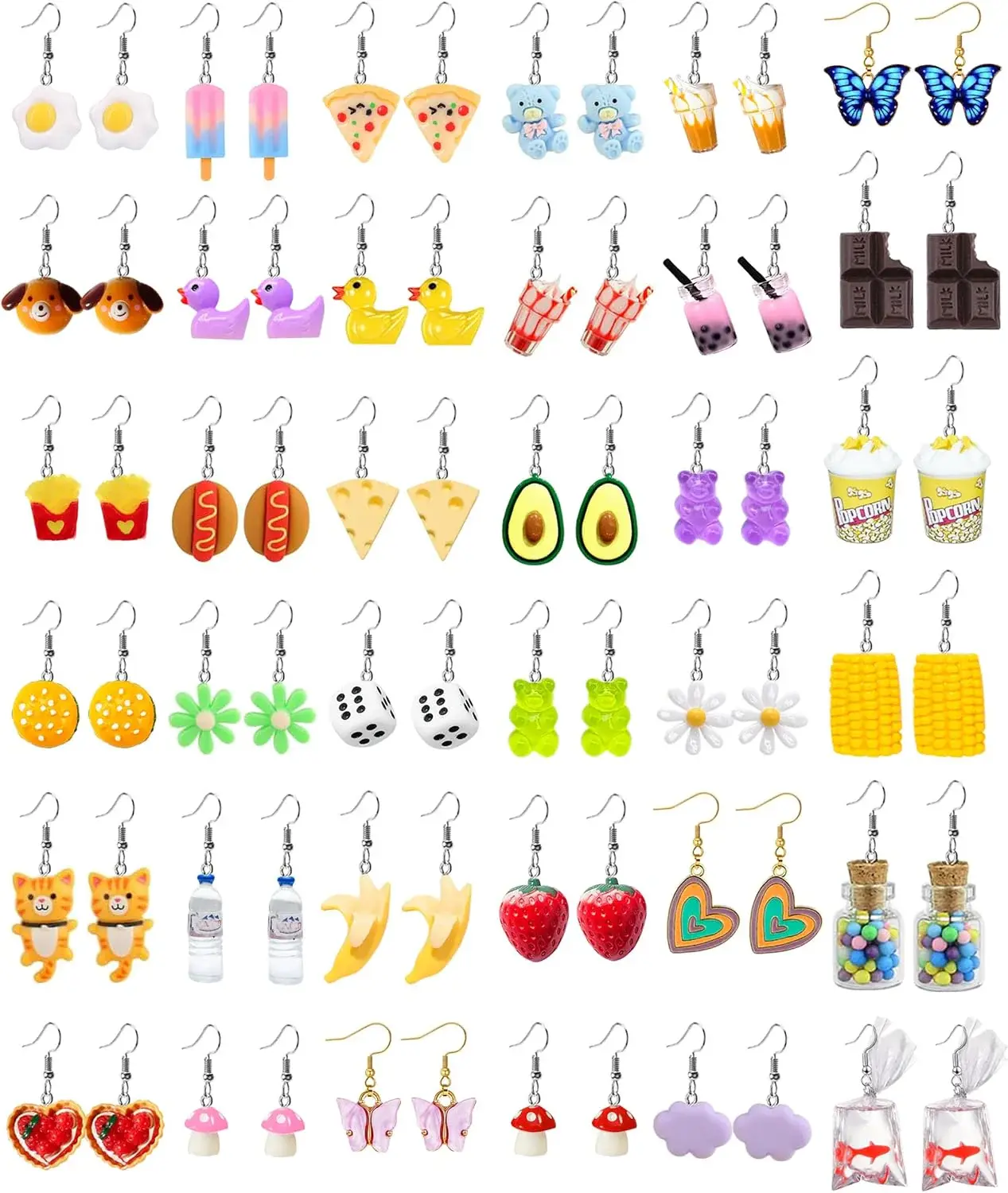 36 Pairs Weird Cute Earrings Fun Cool Mushroom Bear Flower Cat Funky Aesthetic Drop Dangle Earrings for Women Funny Earring Set