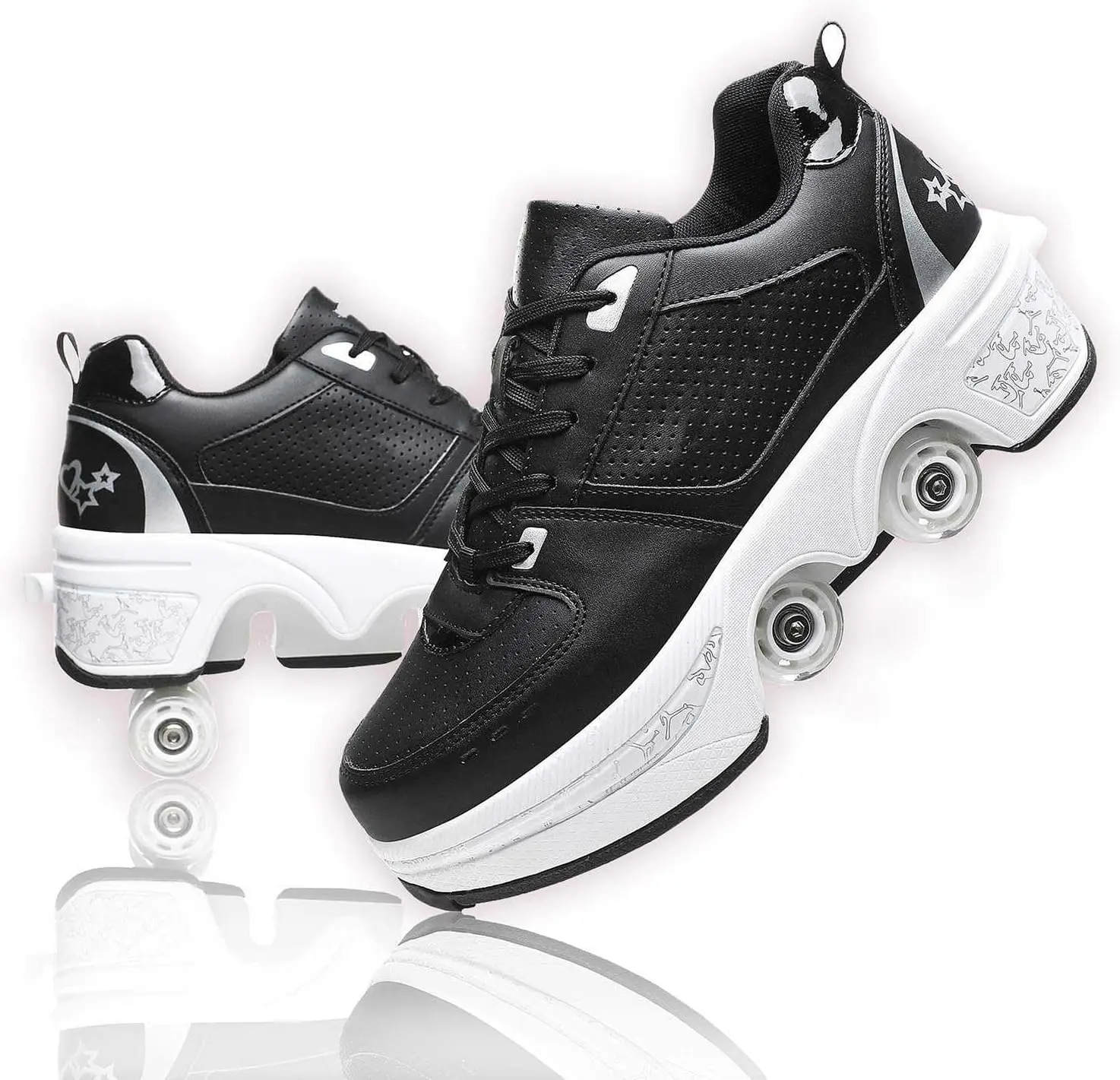 UonrvaoN Men's 2-in-1 Adjustable Multifunctional Roller Skates - 4-Wheel Retractable Rollerskates, Mesh Upper Outdoor Casual Trainers, Auto Button, EVA Rubber Wear-Resistant Outsole, 10 - 28 Cm, 5 - 22.7 Cm, Black Silver