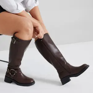 Wide Calf Boots for Women - Knee High Square Toe Wide Width Platform Plus Size Tall Boots with Side Zip, Elastic bands Buckle Chunky Heel Wide Leg Fashion Motorcycle Boot for Spring Fall, Valentine's Gift