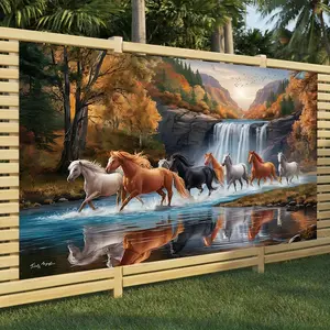 1PC,2D Flat Eight Steeds Mountain Waterfall Backdrop Outdoor Garden Fence Decor Cloth Living Room Bedroom Study Art Hanging Tapestry Waterproof Sunproof Landscape Decor Create Natural Vitality Atmosphere