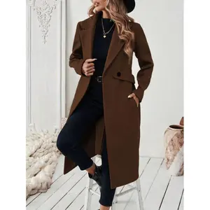 Halloween Women's Notched Collar Camel Wool Blend Coat With Belt Long Coat Fall Coat Brown Button