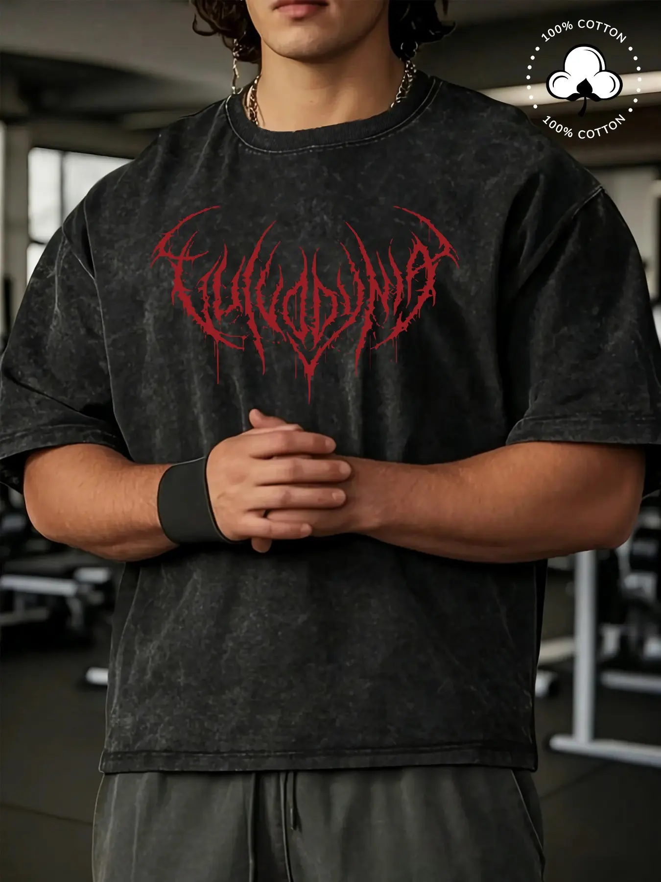Men's Heavyweight Pump Cover T-Shirt - Red Death Metal Graphic Gothic Print - Vintage Snow Wash Black Oversized Gym Tee - Hardcore Bodybuilding Aesthetic Streetwear