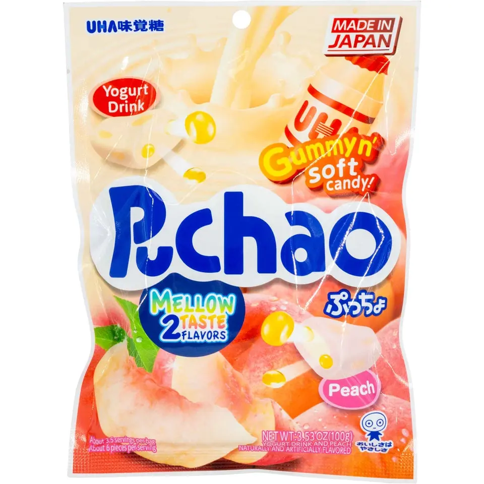 UHA Mikakuto Puchao Fruity Tangy Peach-Yogurt Flavor Soft Chewy Candy Bag, 3.53oz Cool Snack
